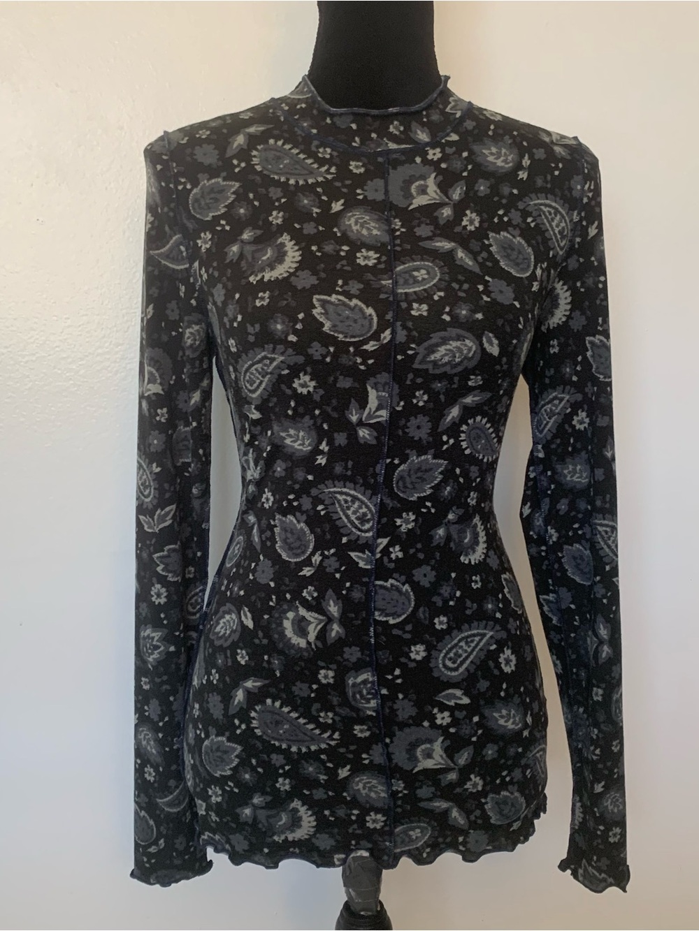 Free People Gray and Black Paisley Mesh Long Sleeve Top
